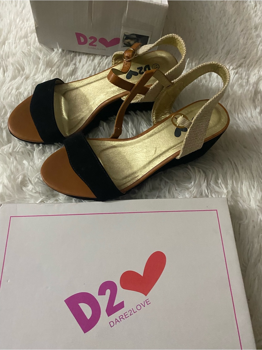 D2 Two-Tone Black and Tan Slingback Wedge Sandals